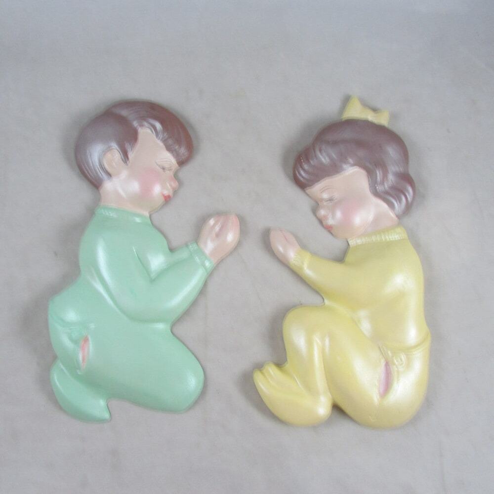 Set of 2 Chalkware Wall Plaques Praying Boy Girl 11.5" Length Vintage 1970